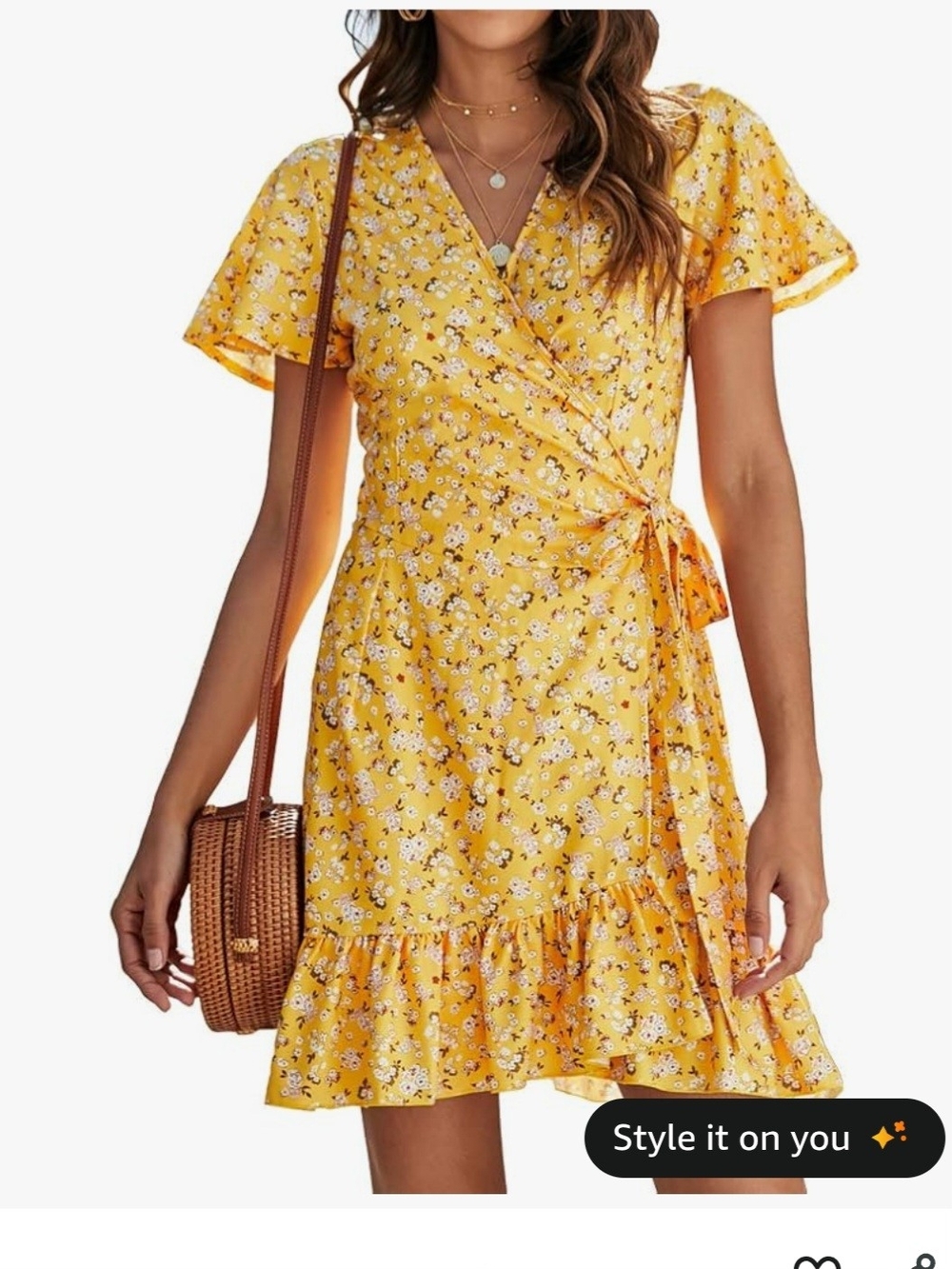 Amazon Yellow Floral Wrap Mini Dress with Ruffle Hem